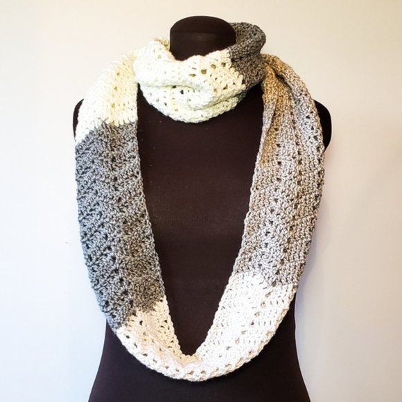 White-Grey Handmade Crochet Infinity Scarf - Picture 2 of 2